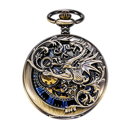 TREEWETO Mens Antique Mechanical Pocket Watch Dream Dragon Skeleton Bronze Tone with Double Covers Gift for Man - Image 2