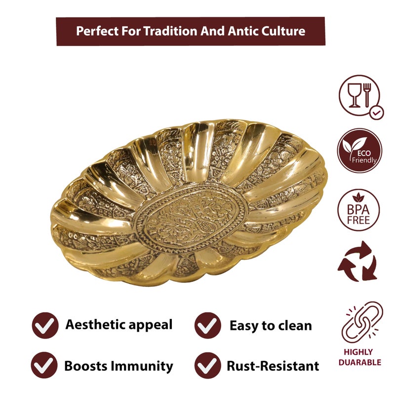 Putrika Traditional Brass Utensil Oval Snack Tray|Dessert Plate|Small Snack Tray|Oval Plate|Embossed Tray Plate|Serving Plate|Dinnerware|Tableware- Engraved Oval Tray (Medium) - Image 5