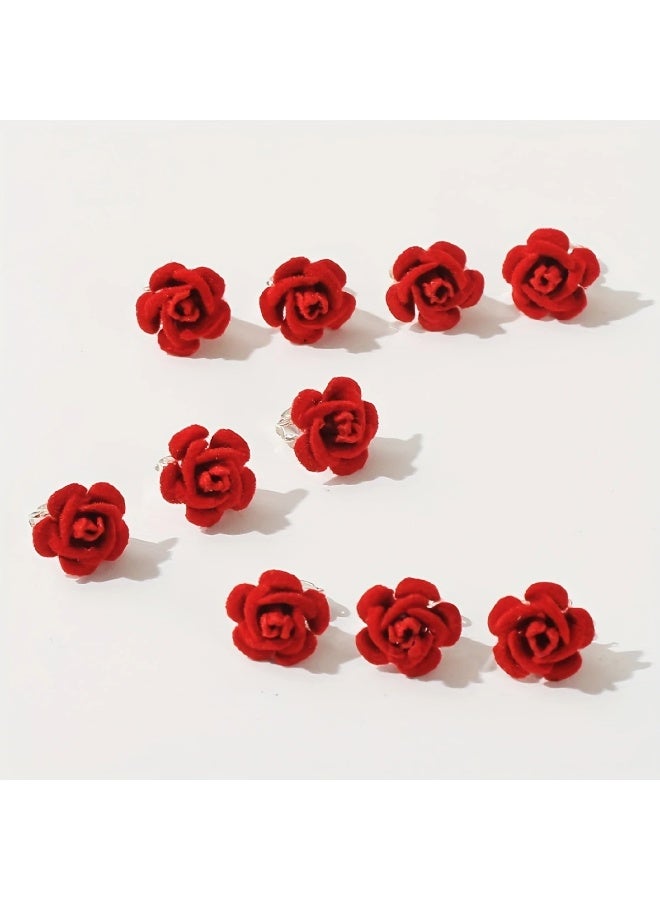 Goolsky 10 قطع حلية شعر وردية حمراء، دبوس زهور فلوقينغ لتضفير الشعر، حلية شعر حلوة للنساء - Image 3