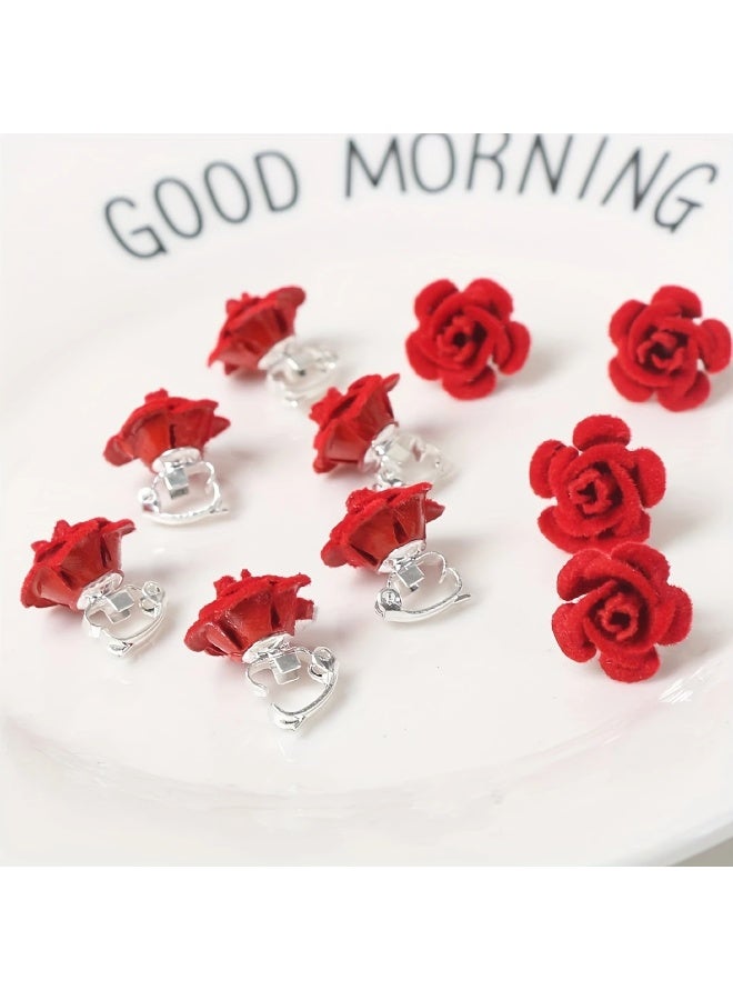 Goolsky 10 قطع حلية شعر وردية حمراء، دبوس زهور فلوقينغ لتضفير الشعر، حلية شعر حلوة للنساء - Image 5