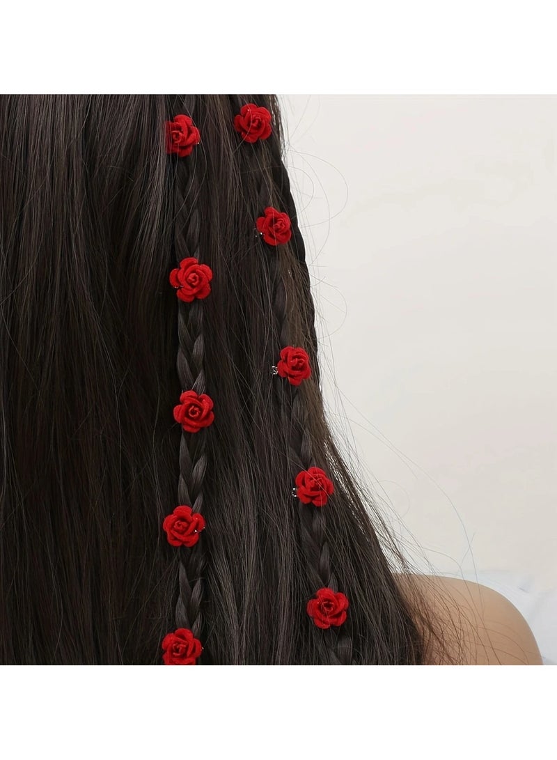 Goolsky 10 قطع حلية شعر وردية حمراء، دبوس زهور فلوقينغ لتضفير الشعر، حلية شعر حلوة للنساء - Image 1