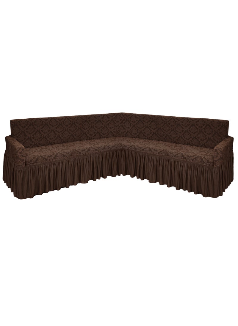 Fabienne Stretch Fit L Shape Sofa Cover 6 Seater Slip Cover Jacquard Fabric Corner Sofa Cover for Large Sofa Free Size Fits on Different Models of Sofa 4 to 6 Meter Length with any Side Corner Chocolate Brown  - Image 1