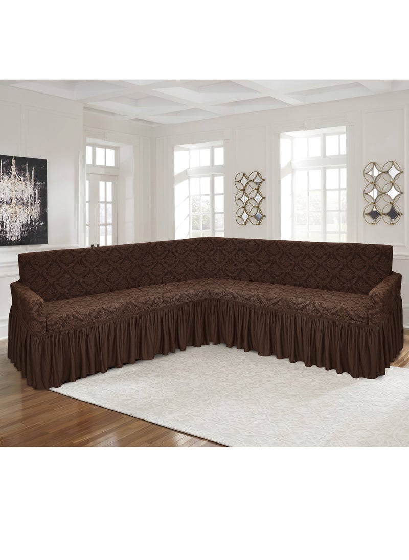 Fabienne Stretch Fit L Shape Sofa Cover 6 Seater Slip Cover Jacquard Fabric Corner Sofa Cover for Large Sofa Free Size Fits on Different Models of Sofa 4 to 6 Meter Length with any Side Corner Chocolate Brown  - Image 3
