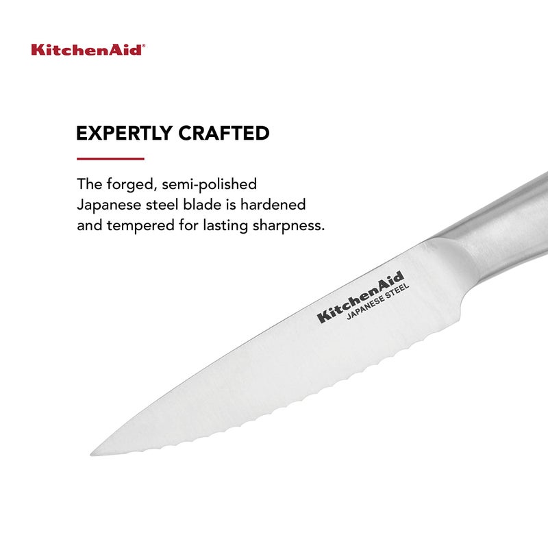 KitchenAid Gourmet Forged Stainless Steel Serrated Utility Knife with Custom-Fit Blade Cover, 5.5-inch, Sharp Kitchen Knife, Brushed Stainless Steel Handle - Image 2