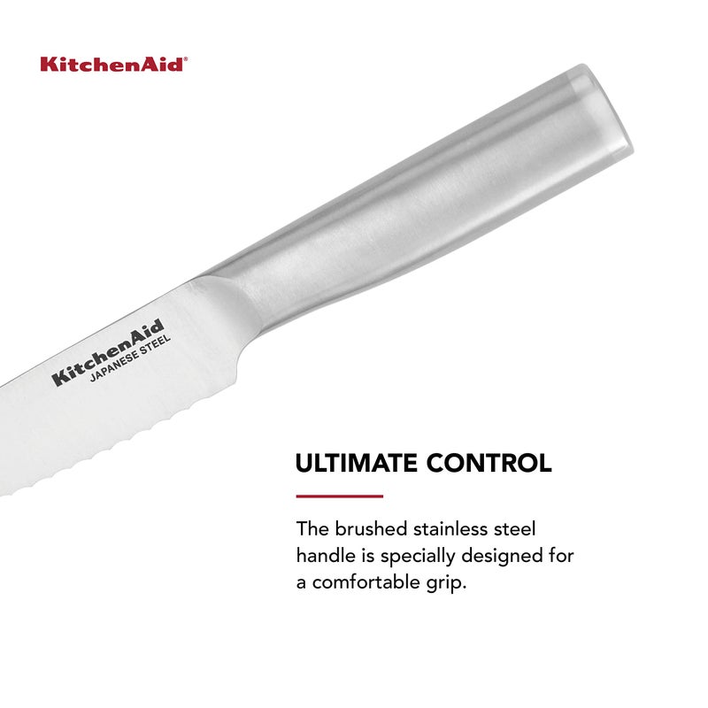KitchenAid Gourmet Forged Stainless Steel Serrated Utility Knife with Custom-Fit Blade Cover, 5.5-inch, Sharp Kitchen Knife, Brushed Stainless Steel Handle - Image 4