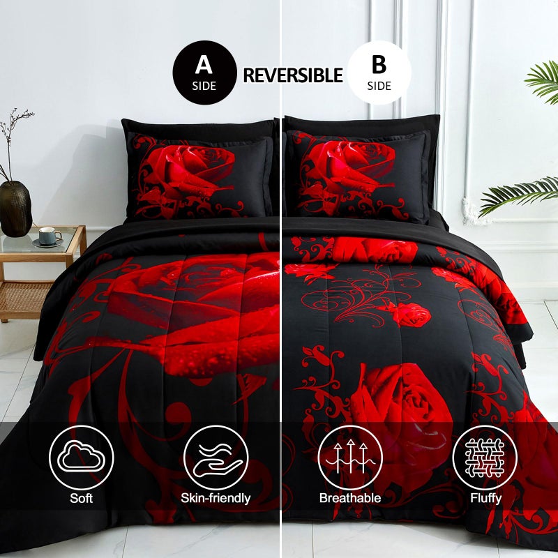 WONGS BEDDING Red Comforter Set King, Reversible Red Rose 7 Pieces Bed in a Bag, Lightweight Soft Microfiber Bedding Sets with Comforter, Flat Sheet, Fitted Sheet, Pillowcases & Shams - Image 2