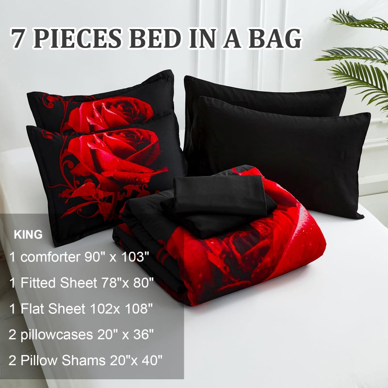 WONGS BEDDING Red Comforter Set King, Reversible Red Rose 7 Pieces Bed in a Bag, Lightweight Soft Microfiber Bedding Sets with Comforter, Flat Sheet, Fitted Sheet, Pillowcases & Shams - Image 4