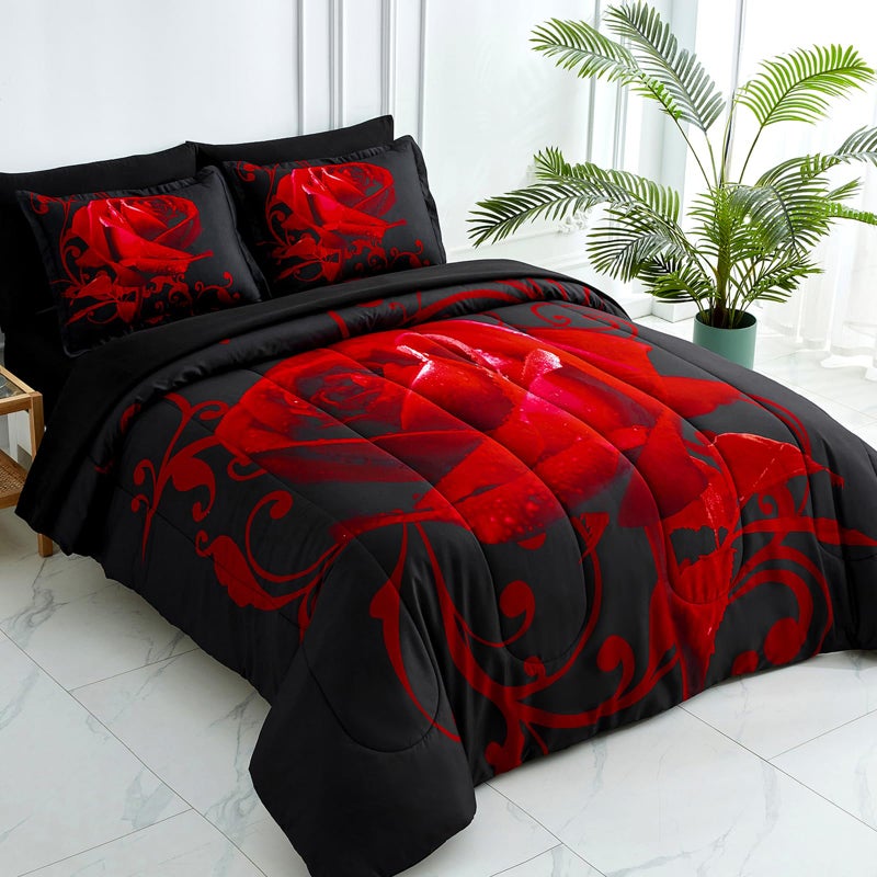 WONGS BEDDING Red Comforter Set King, Reversible Red Rose 7 Pieces Bed in a Bag, Lightweight Soft Microfiber Bedding Sets with Comforter, Flat Sheet, Fitted Sheet, Pillowcases & Shams - Image 3