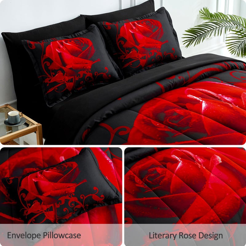 WONGS BEDDING Red Comforter Set King, Reversible Red Rose 7 Pieces Bed in a Bag, Lightweight Soft Microfiber Bedding Sets with Comforter, Flat Sheet, Fitted Sheet, Pillowcases & Shams - Image 5