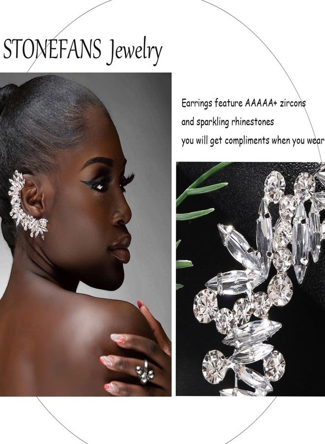 STONEFANS Rhinestone Silver Full Ear Cuff Earrings for Women Ear Clip Wrap Statement Climber Ear Crawler Earring Hypoallergenic (Silver) - Image 5