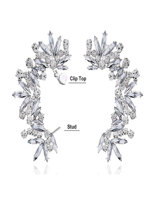 STONEFANS Rhinestone Silver Full Ear Cuff Earrings for Women Ear Clip Wrap Statement Climber Ear Crawler Earring Hypoallergenic (Silver) - Image 2