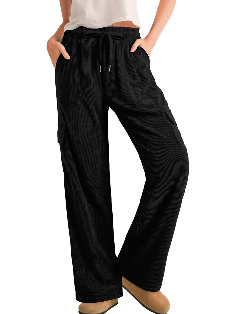 Sidefeel Wide Leg Pants Woman Casual Work High Waisted Elastic Drawstring Loose Fit Corduroy Cargo Pants Black L - Image 1