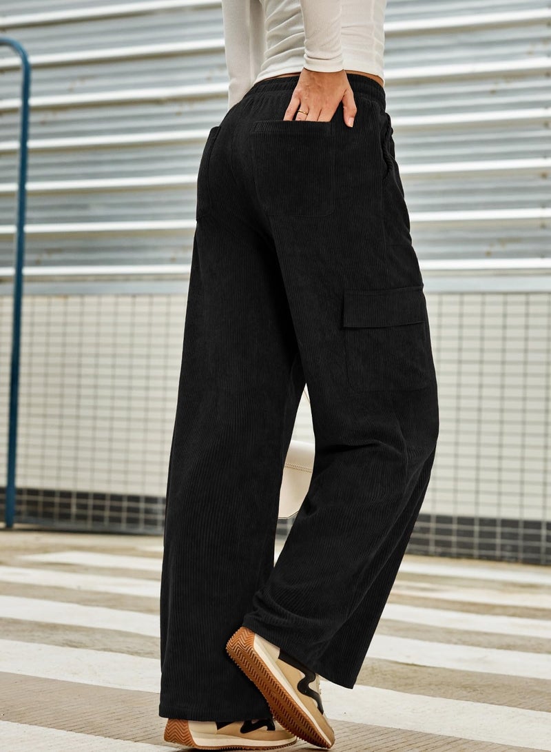 Sidefeel Wide Leg Pants Woman Casual Work High Waisted Elastic Drawstring Loose Fit Corduroy Cargo Pants Black L - Image 5