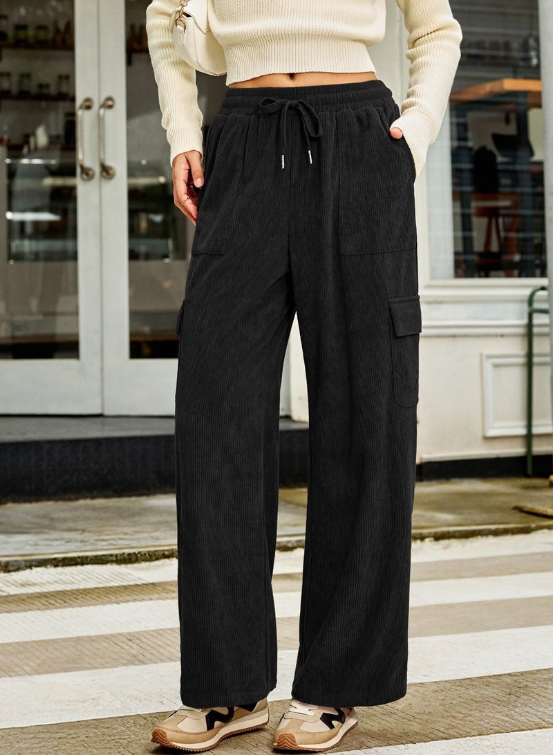 Sidefeel Wide Leg Pants Woman Casual Work High Waisted Elastic Drawstring Loose Fit Corduroy Cargo Pants Black L - Image 4