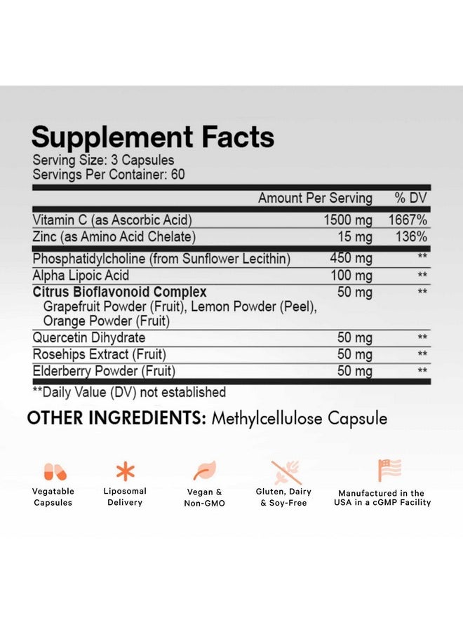 Codeage Codeage Liposomal Vitamin C 1500mg with Zinc, Elderberry, Citrus Bioflavonoids Grapefruit, Lemon, Orange Powder, Quercetin & Rose HIPS Fruit - Vegan Supplement - Non-GMO, Vegan Pills, 180 Capsules  - Image 2