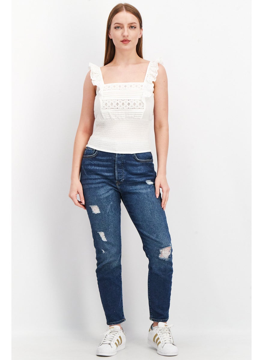 ONLY - Women Square Neck Sleeveless Eyelet Tank Top, White - Image 1