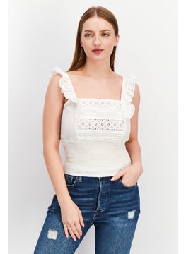 Women Square Neck Sleeveless Eyelet Tank Top, White