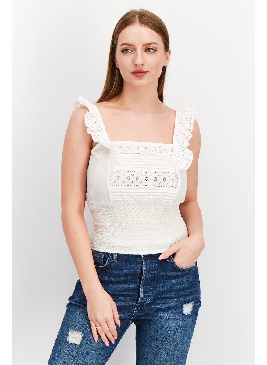 ONLY - Women Square Neck Sleeveless Eyelet Tank Top, White - Image 1