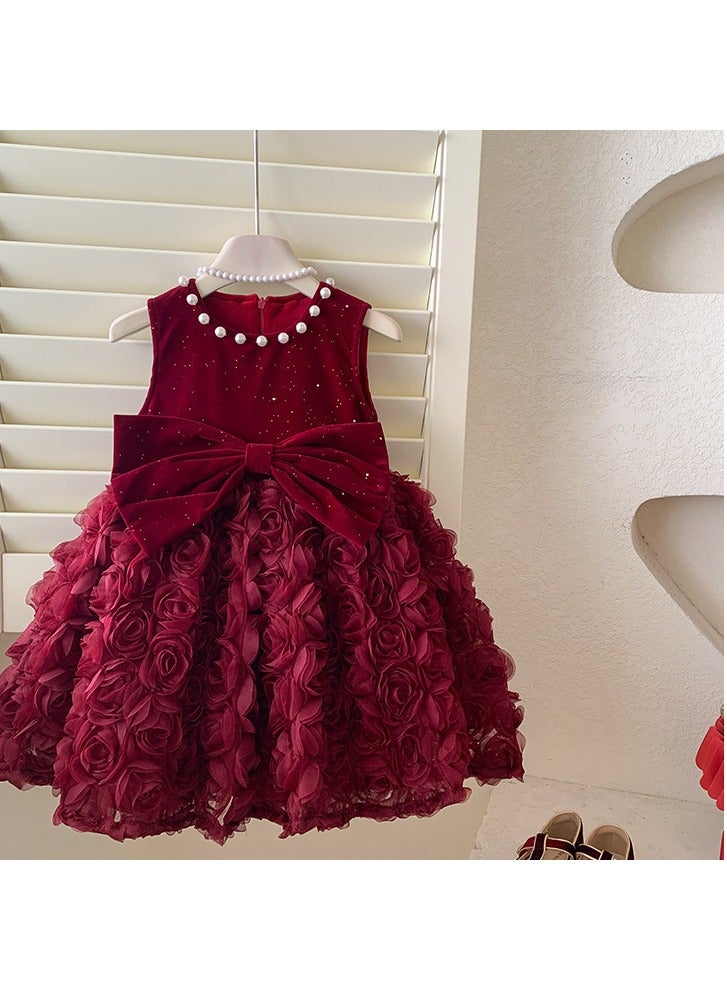Baby Girl Birthday Party Dress, 3-4 Years, Deep Red Velvet Princess Dress with Big Butterfly Bow and Pearl Neckline, Special Occasion Toddler Outfit, Sleeveless Elegant Dress for 100cm Height - Image 2