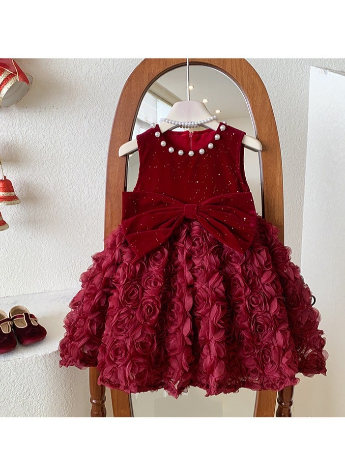 Baby Girl Birthday Party Dress, 3-4 Years, Deep Red Velvet Princess Dress with Big Butterfly Bow and Pearl Neckline, Special Occasion Toddler Outfit, Sleeveless Elegant Dress for 100cm Height - Image 3