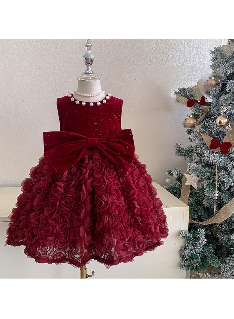 Baby Girl Birthday Party Dress, 3-4 Years, Deep Red Velvet Princess Dress with Big Butterfly Bow and Pearl Neckline, Special Occasion Toddler Outfit, Sleeveless Elegant Dress for 100cm Height - Image 1