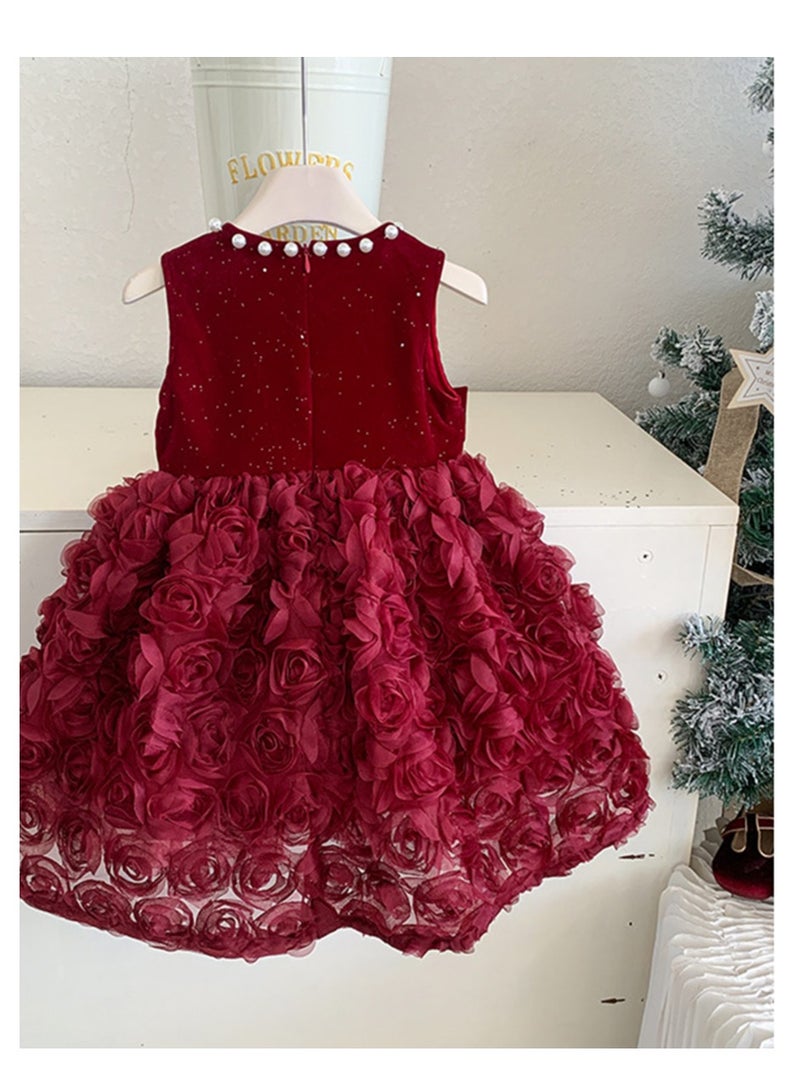 Baby Girl Birthday Party Dress, 3-4 Years, Deep Red Velvet Princess Dress with Big Butterfly Bow and Pearl Neckline, Special Occasion Toddler Outfit, Sleeveless Elegant Dress for 100cm Height - Image 5