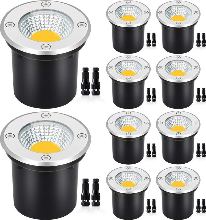 SUNVIE Low Voltage Landscape Well Lights with Wire Connectors, 12W LED, IP67 Waterproof Outdoor In-Ground Garden Lights 12V-24V Warm White for Pathway Driveway Deck (10 Pack & Connectors) - Image 1