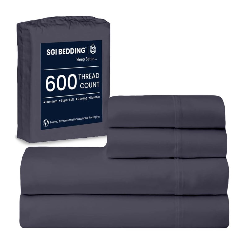 SGI bedding 600 Thread Count 4 Piece 100 Egyptian Cotton Queen Size Sheets Set 15 Deep Pocket Sheet Set Premium Breathable Soft and HotelQuality Luxury Sheets  Dark Grey