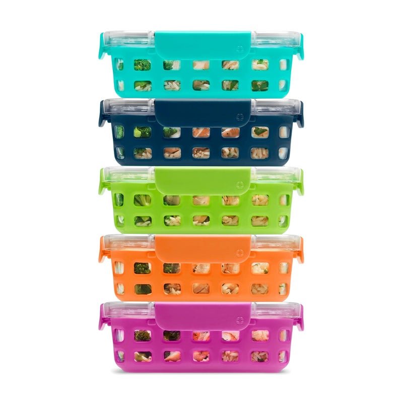 Ello Duraglass 34 Cup Meal Prep Sets 10Pc 5 Pack Set Glass Food Storage Container with Silicone Sleeve and Airtight BPAFree Plastic Lids Dishwasher Microwave and Freezer Safe Fruit Salad