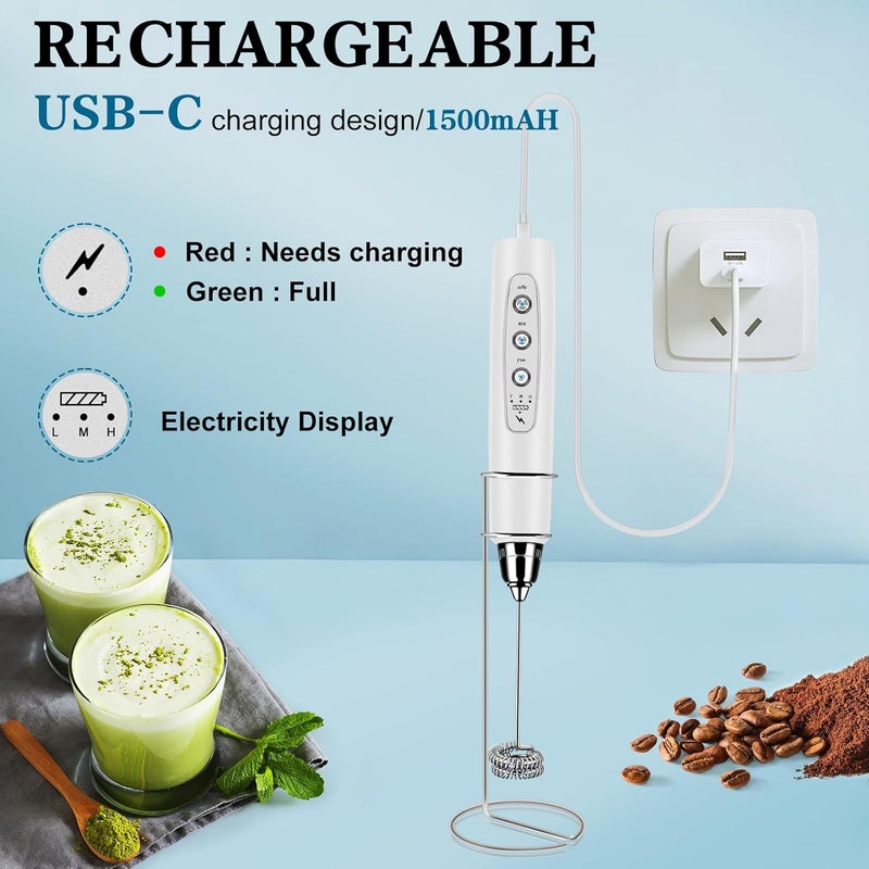 BSRGMS Milk Frother Handheld with Stand, Electric Whisk 3 Speed Adjustable, Drink Mixer with Stainless 3 Whisk, Rechargeable Hand Frother Wand, Foam Maker for Latte Cappuccino Hot Chocolate Egg White - Image 2