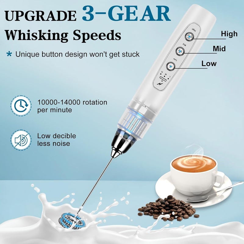 BSRGMS Milk Frother Handheld with Stand, Electric Whisk 3 Speed Adjustable, Drink Mixer with Stainless 3 Whisk, Rechargeable Hand Frother Wand, Foam Maker for Latte Cappuccino Hot Chocolate Egg White - Image 3