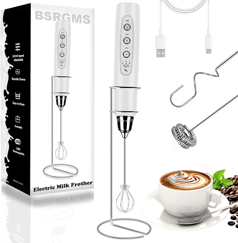 BSRGMS Milk Frother Handheld with Stand, Electric Whisk 3 Speed Adjustable, Drink Mixer with Stainless 3 Whisk, Rechargeable Hand Frother Wand, Foam Maker for Latte Cappuccino Hot Chocolate Egg White - Image 1