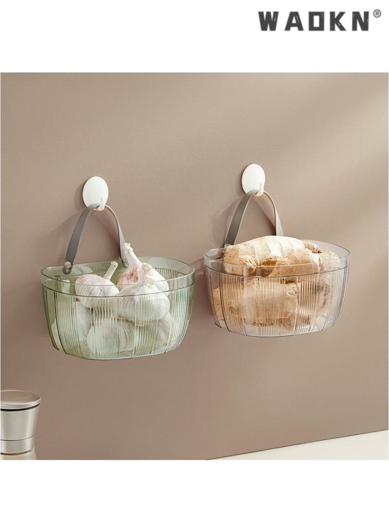 WAOKN Dual-use Kitchen & Bathroom Ginger & Garlic Hanging Basket, Adhesive Wall-mounted Storage Basket, Convenient Storage for Seasoning Ingredients（Transparent green）  - Image 3