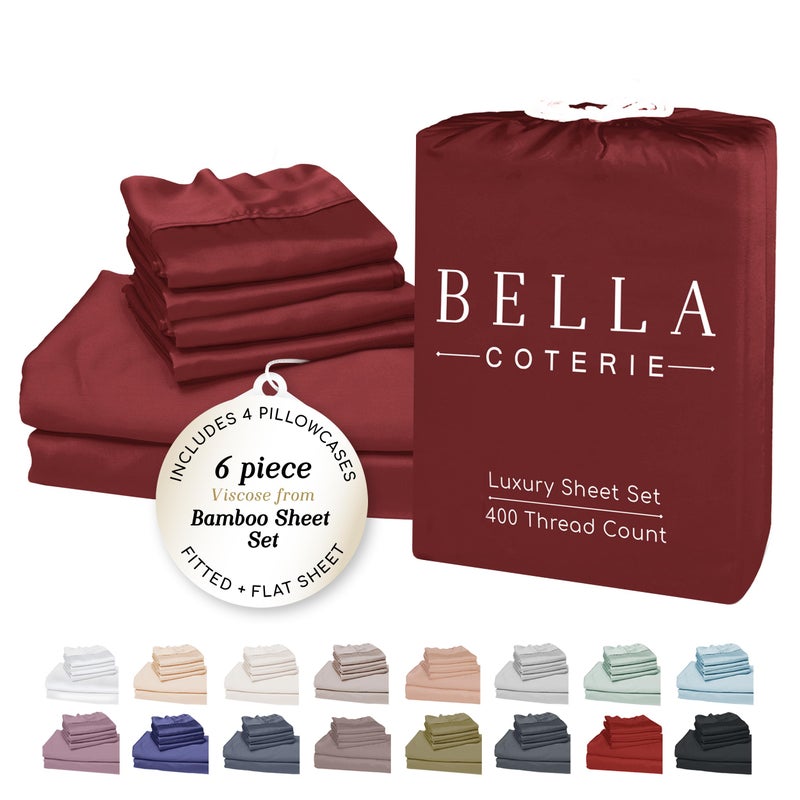 BC BELLA COTERIE Bella Coterie 6 Piece Luxury Bamboo Viscose Queen Size Sheet Set | 100% Organically Grown | Cooling for Hot Sleepers | 18" Deep Pocket | Soft & Hypoallergenic | 4 Pillowcases [Merlot] - Image 1