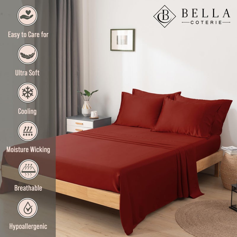 BC BELLA COTERIE Bella Coterie 6 Piece Luxury Bamboo Viscose Queen Size Sheet Set | 100% Organically Grown | Cooling for Hot Sleepers | 18" Deep Pocket | Soft & Hypoallergenic | 4 Pillowcases [Merlot] - Image 2