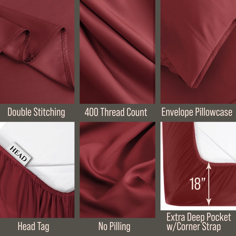 BC BELLA COTERIE Bella Coterie 6 Piece Luxury Bamboo Viscose Queen Size Sheet Set | 100% Organically Grown | Cooling for Hot Sleepers | 18" Deep Pocket | Soft & Hypoallergenic | 4 Pillowcases [Merlot] - Image 3