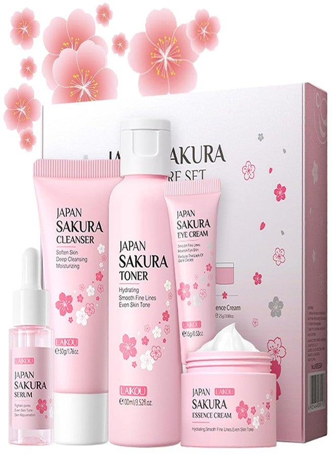 Blopuivo Skincare Gift Set Sakura Skin Care Travel Kit with Cleanser, Toner, Serum, Eye Cream, Face Cream for Women Girls (5pcs) - Image 1