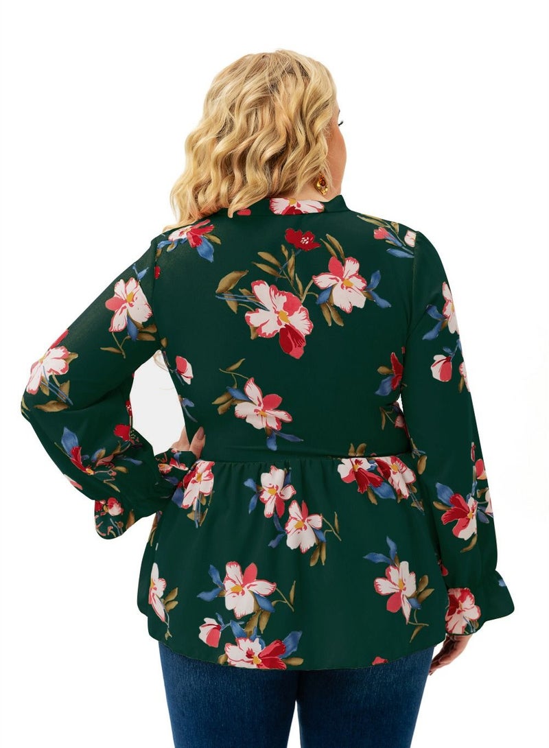 Loquat Autumn New Plus-size Women's Long-sleeved Printed Top Green  - Image 3