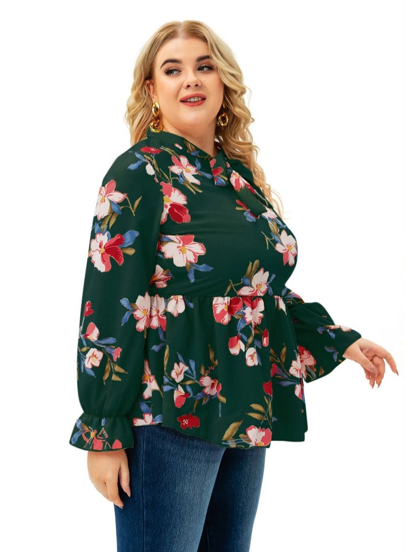 Loquat Autumn New Plus-size Women's Long-sleeved Printed Top Green  - Image 2