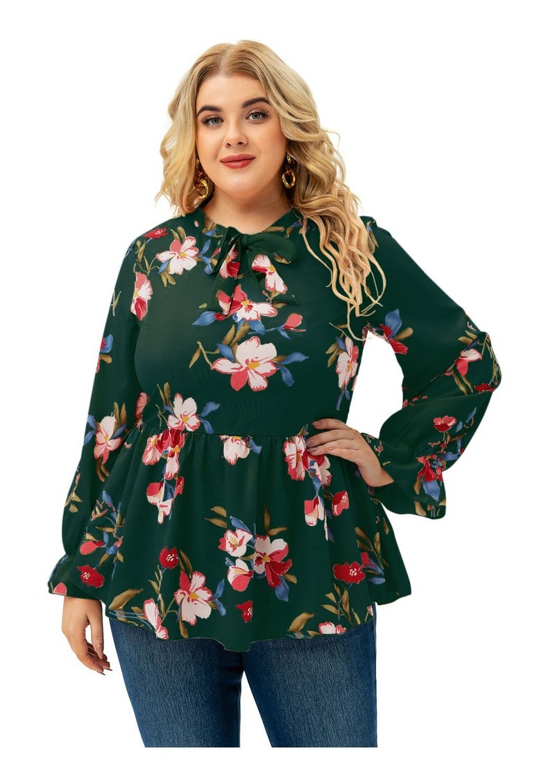 Loquat Autumn New Plus-size Women's Long-sleeved Printed Top Green  - Image 1