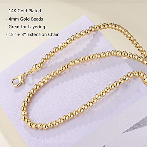 NUZON Gold Bead Choker Necklace for Women Dainty 14K Gold Plated 4mm Beaded Ball Chain Strand Adjustable Layering Necklaces Costume Jewelry 15’’ - Image 5