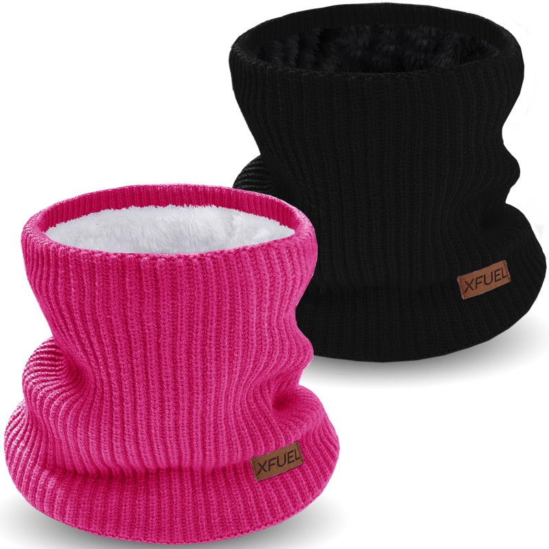 XFUEL Kids Neck Warmer, 2 Pack, Knitted Winter Neck Gaiter, Fleece Lined Infinity Scarf for Boys Girls (black,rose pink) - Image 1