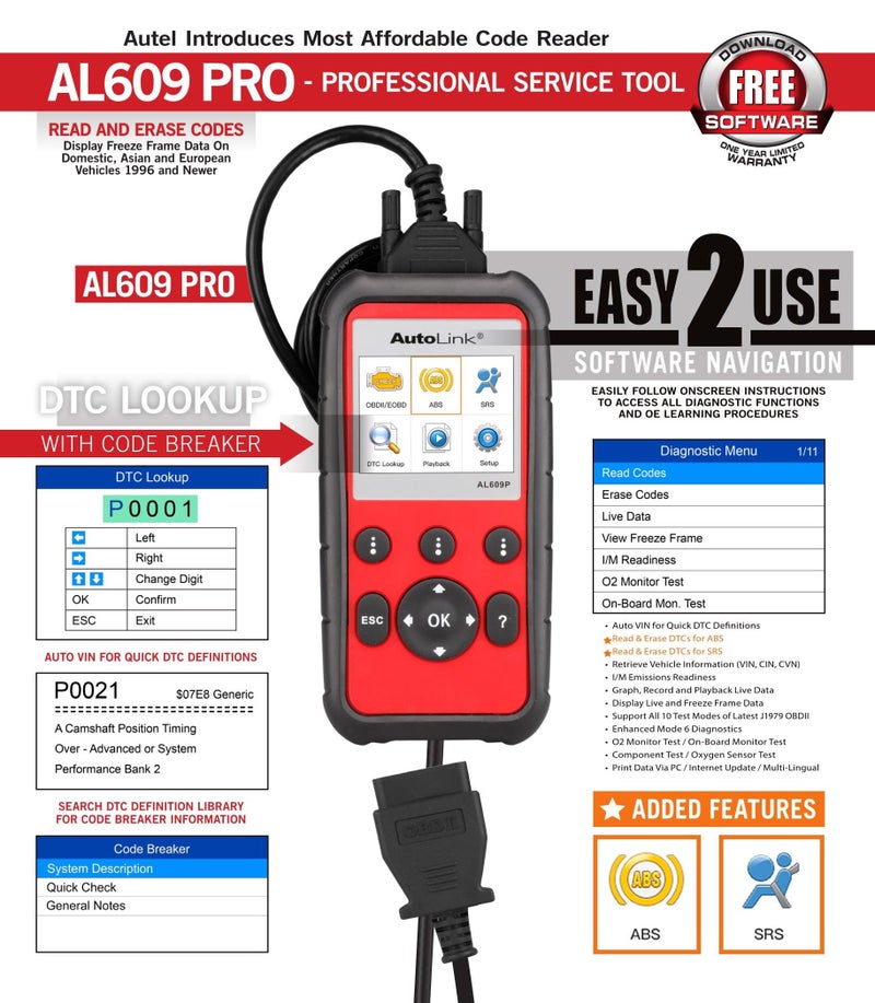 Autel Code Reader AutoLink AL609P Upgraded Version of AL619 OBD2 Scan Tool Professional Automotive Scanner ABS SRS Engine - Image 5