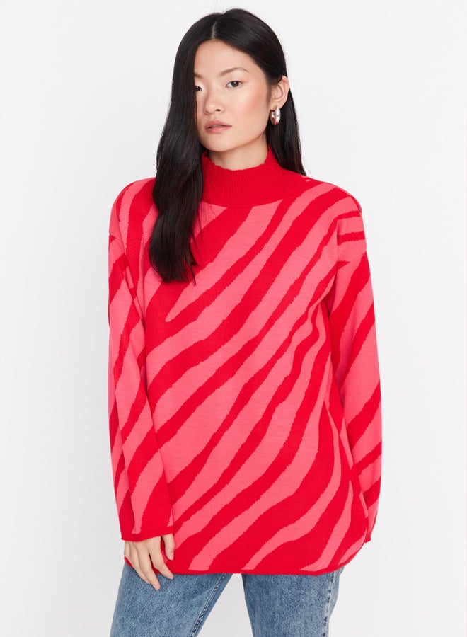 trendyol Red Pink Animal Stripe Patterned Knitwear Sweater TCTAW23KZ00066 - Image 4