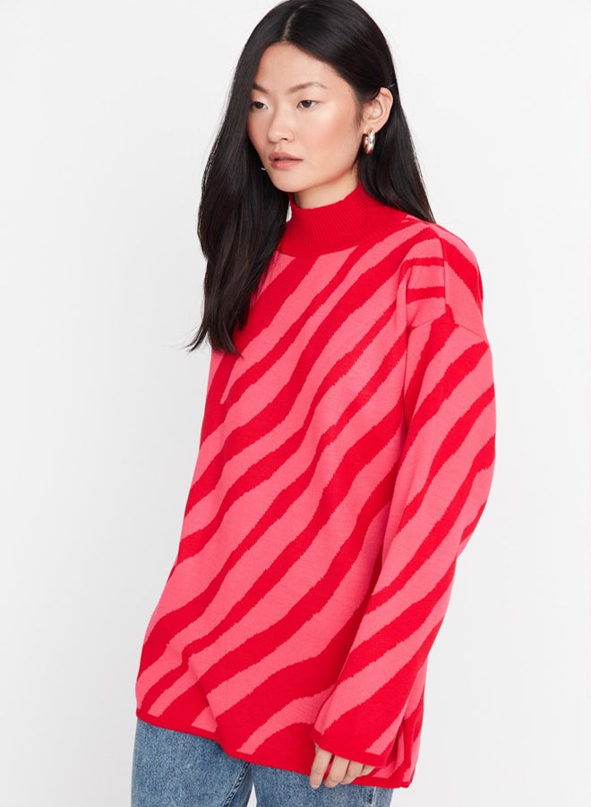 trendyol Red Pink Animal Stripe Patterned Knitwear Sweater TCTAW23KZ00066 - Image 2