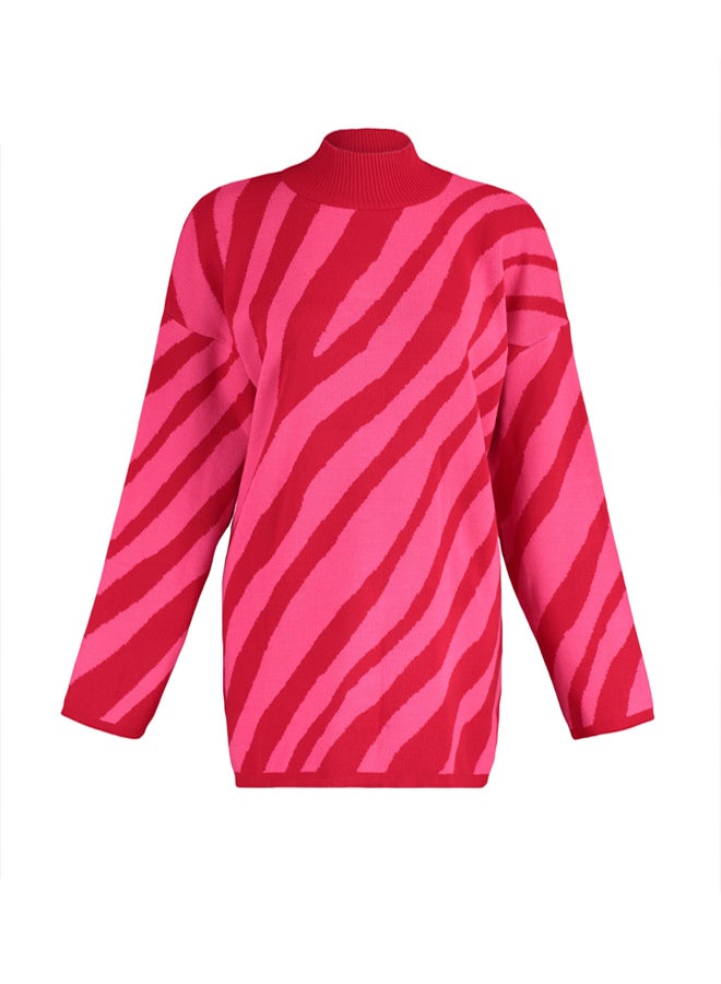trendyol Red Pink Animal Stripe Patterned Knitwear Sweater TCTAW23KZ00066 - Image 5