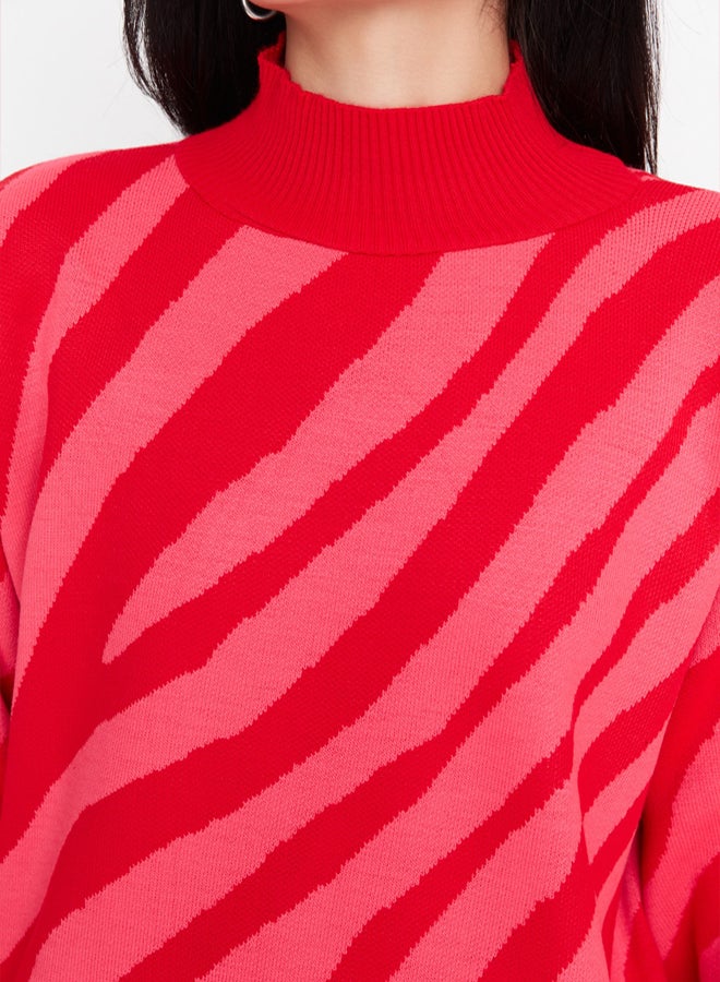 trendyol Red Pink Animal Stripe Patterned Knitwear Sweater TCTAW23KZ00066 - Image 3