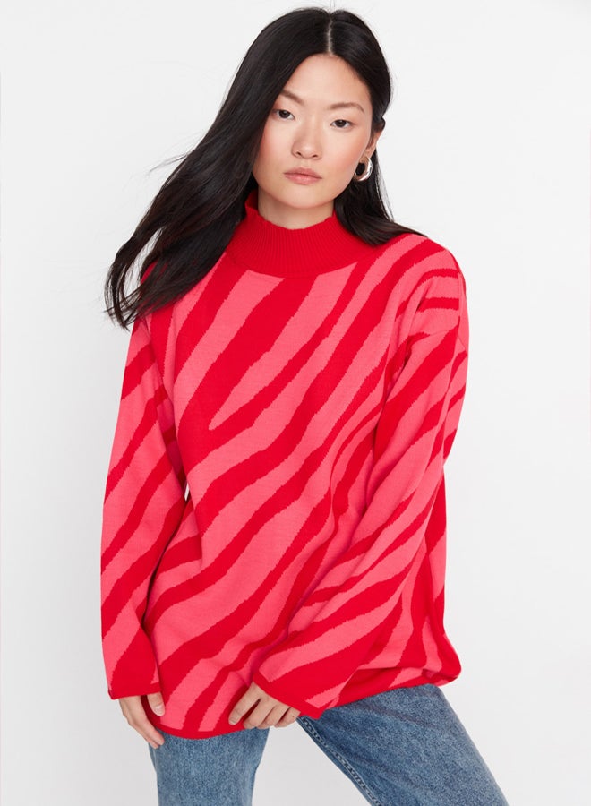 trendyol Red Pink Animal Stripe Patterned Knitwear Sweater TCTAW23KZ00066 - Image 1