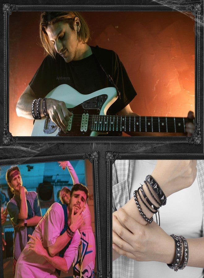 Addveyra Studded Punk Bracelet Set for Men Women Spike Cuff Leather Wristband Black (4 Pcs) - Image 4