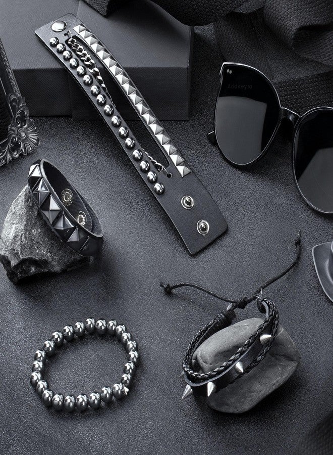 Addveyra Studded Punk Bracelet Set for Men Women Spike Cuff Leather Wristband Black (4 Pcs) - Image 5